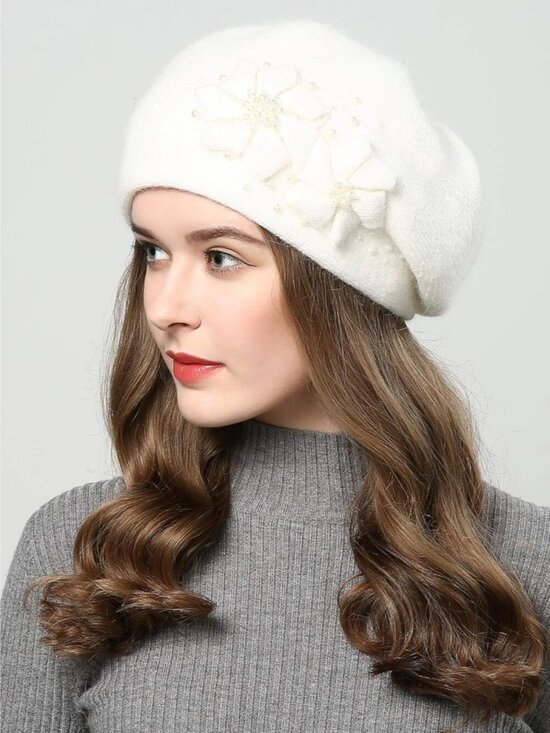 Women\'s Winter Knit Beret Hat Rabbit Hair French Warm Casual Beanie Hat White main image 4